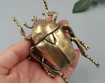 Solid Brass Beetle Figurine: Vintage Metal Insect Statue, Heavy Copper Bug Paperweight
