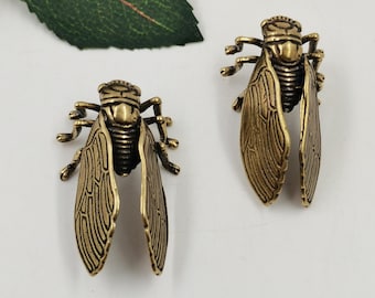 Set of 2 Brass Cicada Figurines, Hand Carved Insect Statues, Mini Desk Decor