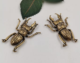 Set of 2 Brass Stag Beetle Figurines Vintage Copper Bug Decor Insect Collectible Gift