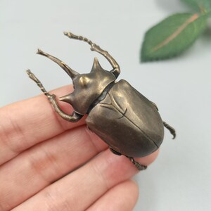 May include: A bronze-toned metal beetle figurine featuring a detailed exoskeleton with a prominent horn on the head, segmented legs, and a smooth, rounded wing casing. The insect sculpture displays a weathered, metallic finish with dark patina.
