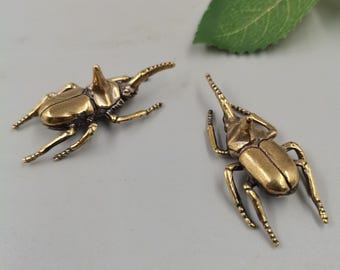 Set of 2 Solid Brass Rhinoceros Beetle Figurines: Vintage Insect Sculpture, Desk Decor