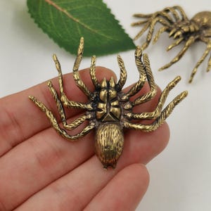 May include: A metallic gold-toned spider figurine with a textured abdomen and eight articulated legs. The surface of the spider features intricate grooves and a polished finish, showcasing a detailed anatomical design with a rounded body and pointed legs.