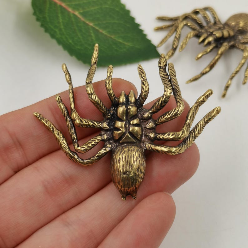 May include: A metallic gold-toned spider figurine with a textured abdomen and eight articulated legs. The surface of the spider features intricate grooves and a polished finish, showcasing a detailed anatomical design with a rounded body and pointed legs.