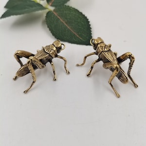 May include: Two brass grasshopper figurines. The grasshoppers have detailed, textured bodies and legs, and are posed with their legs extended. The figurines are on a white surface, with a green leaf in the background.