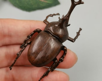 Handmade Solid Copper Rhinoceros Beetle Figurine, Lost Wax Cast Insect Statue Desk Decor