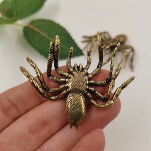 May include: A brass-colored metal spider figurine featuring a textured body and eight articulated legs. The surface of the spider has a weathered, antique finish with dark highlights in the crevices, showcasing a detailed, realistic insect anatomy.