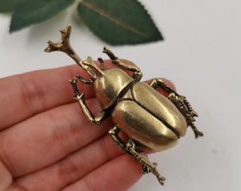 Vintage Brass Hercules Beetle Figurine Mini Rhinoceros Beetle Statue Metal Insect Decor Entomology Gift
