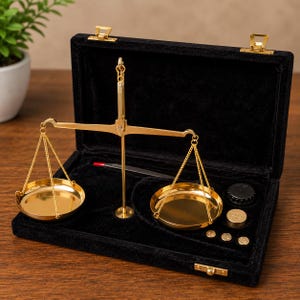 Puede incluir: Una balanza dorada con dos platos suspendidos por cadenas, colocada dentro de un estuche forrado de terciopelo negro. El conjunto incluye varios pesos circulares pequeños y unas pinzas guardadas en compartimentos dedicados dentro de la caja.