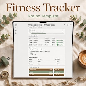 May include: A digital tablet displaying a Fitness Tracker Notion Template with a Fitness Dashboard for October 2025, showing workout entries, exercise lists, body measurements in pounds and inches, and personal records for bench press, squat, and deadlift.