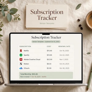 Könnte beinhalten: Ein Laptop-Bildschirm zeigt eine Notion-Vorlage zur Abonnement-Verfolgung mit einer Tabelle, die Dienste wie Netflix, Spotify, Adobe Creative Cloud, Notion und iCloud+ mit den jeweiligen Kosten und Verlängerungsdaten auflistet, insgesamt 90,46 $.