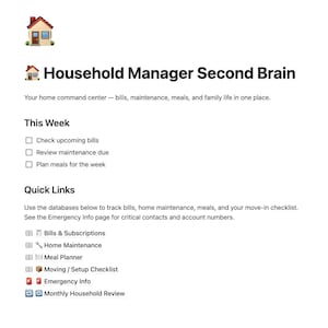 Household Manager Second Brain | Notion Home Command Center (Digital Download)