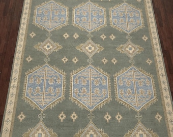 Sage Green Turkish Oushak Hand-knotted Wool Rug, 7x10, 8x12, Vintage Blue, Beige, Traditional Geometric Rug, Living Room Bedroom Decor Rug