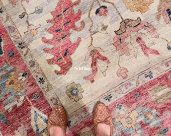 Hand Knotted Pink Oushak Rug 9x12, 8x10 | 7x10 Vintage Turkish Style Wool Area Rug | 10x15 Handmade Floral Rug | 12x16 Large Living Room Rug