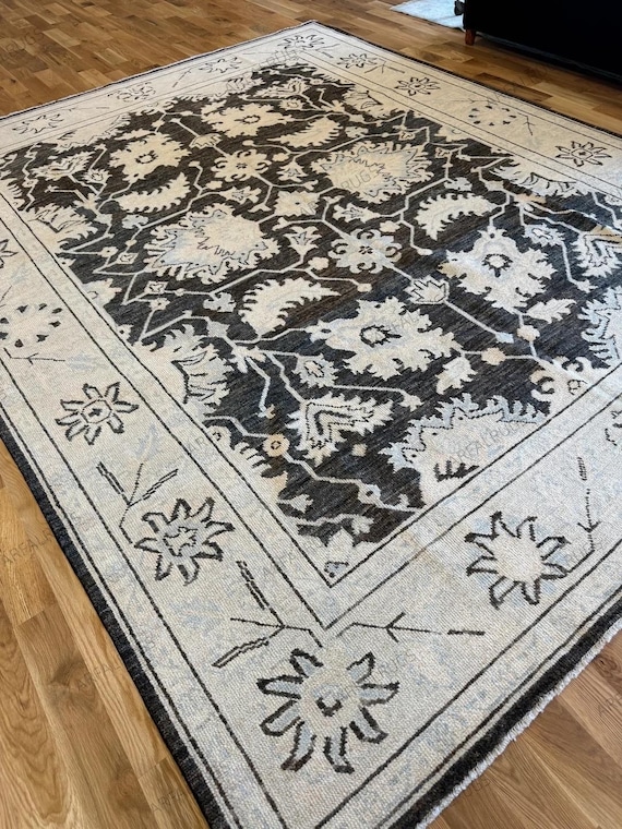 Large size Rug 9x12 Antique Oushak Black Ivory Rug Turkish Rug Hand Knotted Rug Handmade Rugs for Bedroom Living room family room Pre Order