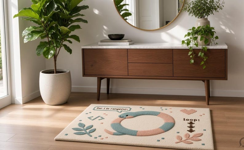 Peut inclure: Un tapis rectangulaire de couleur cr&egrave;me pr&eacute;sentant un serpent bleu et rose formant un cercle au centre. Le motif inclut le texte "for i in range(n):", "loop:", un symbole de crochet de code, un c&oelig;ur et deux brins de feuilles bleus et roses.