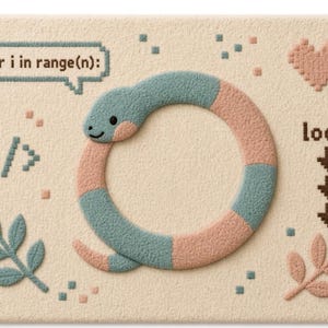 May include: A rectangular cream-colored rug featuring a tufted snake curled into a circle with alternating teal and peach segments. The design includes the text "for i in range(n):" in a speech bubble, "loop:" with arrows, a heart, and leaves.