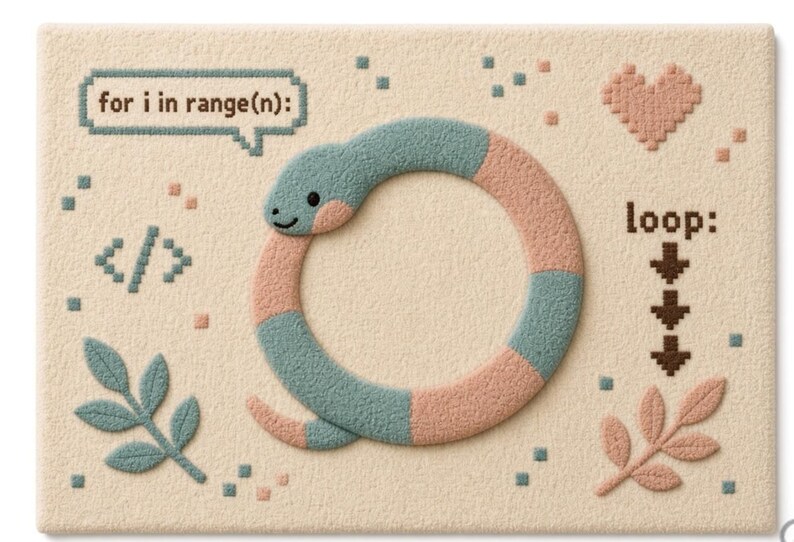 Peut inclure: Un tapis rectangulaire de couleur cr&egrave;me avec un serpent touffet&eacute; enroul&eacute; en cercle, alternant des segments bleu sarcelle et p&ecirc;che. Le motif inclut le texte "for i in range(n):" dans une bulle, "loop:" avec des fl&egrave;ches, un c&oelig;ur et des feuilles.