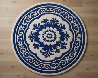 Tapis floral rond bleu blanc, tapis médaillon vintage, tapis circulaire bohème, tapis de sol capitonné doux, cadeau de décoration intérieure