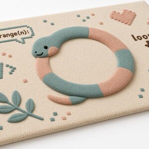 Peut inclure: Un tapis tuft&eacute; rectangulaire cr&egrave;me avec un serpent bleu sarcelle et p&ecirc;che enroul&eacute; en cercle. Le tapis pr&eacute;sente du texte pix&eacute;lis&eacute; for i in range(n): et loop: avec des fl&egrave;ches vers le bas, un c&oelig;ur, un symbole de code et deux feuilles.