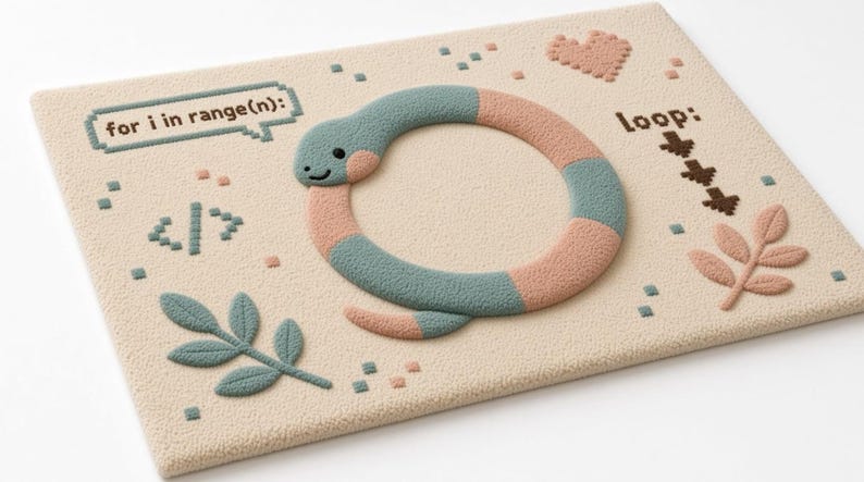 Peut inclure: Un tapis tuft&eacute; rectangulaire cr&egrave;me avec un serpent bleu sarcelle et p&ecirc;che enroul&eacute; en cercle. Le tapis pr&eacute;sente du texte pix&eacute;lis&eacute; for i in range(n): et loop: avec des fl&egrave;ches vers le bas, un c&oelig;ur, un symbole de code et deux feuilles.