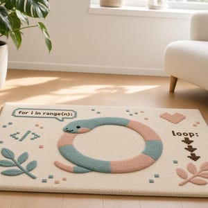 Peut inclure: Un tapis rectangulaire de couleur cr&egrave;me repr&eacute;sentant un serpent circulaire aux segments altern&eacute;s bleu sarcelle et rose. Le tapis comporte le texte "for i in range(n):" dans une bulle, un symbole de code, un c&oelig;ur pixelis&eacute;, le mot "loop:" et deux motifs de feuilles.