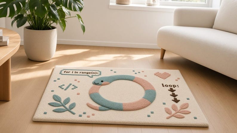 Peut inclure: Un tapis rectangulaire de couleur cr&egrave;me repr&eacute;sentant un serpent circulaire aux segments altern&eacute;s bleu sarcelle et rose. Le tapis comporte le texte "for i in range(n):" dans une bulle, un symbole de code, un c&oelig;ur pixelis&eacute;, le mot "loop:" et deux motifs de feuilles.