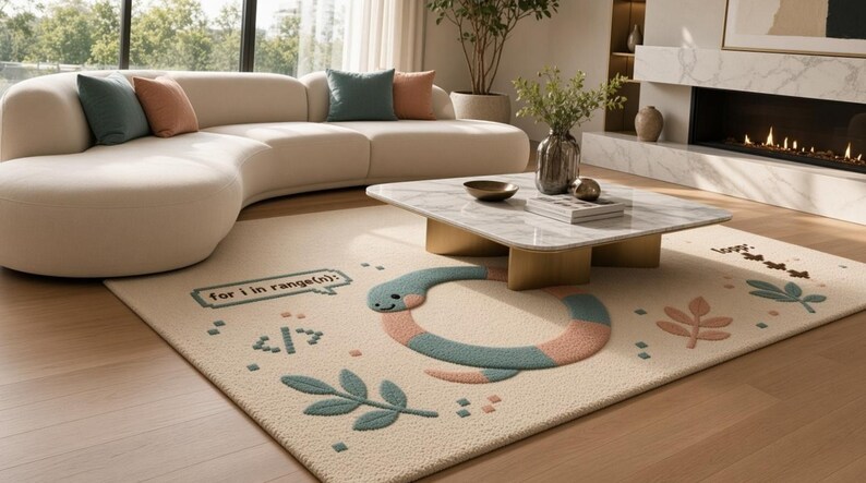 Peut inclure: Un tapis rectangulaire &agrave; base cr&egrave;me orn&eacute; d'un serpent bleu sarcelle et p&ecirc;che enroul&eacute; en cercle. Le tapis pr&eacute;sente le texte "for i in range(n):" dans une bulle, un symbole de code et divers motifs de feuilles dans des tons bleu sarcelle et p&ecirc;che.