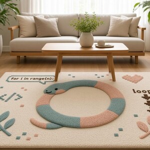 Peut inclure: Un tapis rectangulaire au fond cr&egrave;me orn&eacute; d'un serpent touffet&eacute; enroul&eacute; en cercle. Le serpent pr&eacute;sente des segments altern&eacute;s de bleu et de rose. Le tapis comporte le texte &eacute;crit for i in range(n): ainsi que le mot loop:.