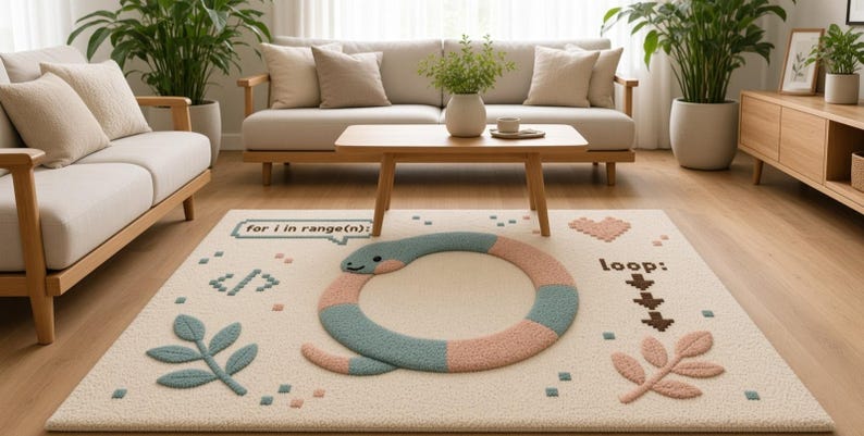 Peut inclure: Un tapis rectangulaire au fond cr&egrave;me orn&eacute; d'un serpent touffet&eacute; enroul&eacute; en cercle. Le serpent pr&eacute;sente des segments altern&eacute;s de bleu et de rose. Le tapis comporte le texte &eacute;crit for i in range(n): ainsi que le mot loop:.