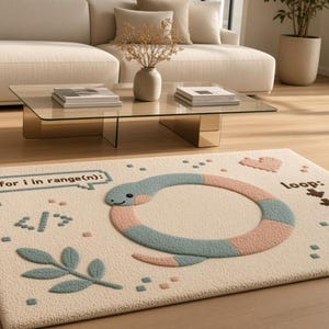 Peut inclure: Un tapis rectangulaire au fond cr&egrave;me orn&eacute; d'un serpent bleu pastel et rose enroul&eacute; en cercle. Le tapis pr&eacute;sente le texte "for i in range(n):" dans une bulle, le texte "loop:", une ic&ocirc;ne de balise de code et des motifs de feuilles.