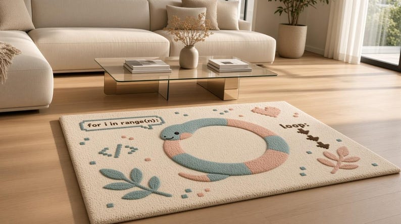 Peut inclure: Un tapis rectangulaire au fond cr&egrave;me orn&eacute; d'un serpent bleu pastel et rose enroul&eacute; en cercle. Le tapis pr&eacute;sente le texte "for i in range(n):" dans une bulle, le texte "loop:", une ic&ocirc;ne de balise de code et des motifs de feuilles.