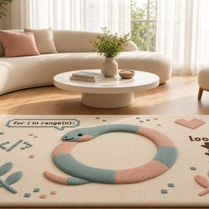 Peut inclure: Un tapis rectangulaire &agrave; fond cr&egrave;me pr&eacute;sentant un motif touffet&eacute; repr&eacute;sentant un serpent formant un cercle. Le tapis comprend des graphismes pixelis&eacute;s d'une feuille, d'un c&oelig;ur, de crochets de code et le texte "for i in range(n):" et "loop:" en marron.