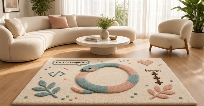 Peut inclure: Un tapis rectangulaire &agrave; fond cr&egrave;me pr&eacute;sentant un motif touffet&eacute; repr&eacute;sentant un serpent formant un cercle. Le tapis comprend des graphismes pixelis&eacute;s d'une feuille, d'un c&oelig;ur, de crochets de code et le texte "for i in range(n):" et "loop:" en marron.
