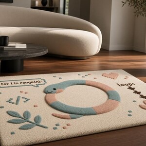 Peut inclure: Un tapis rectangulaire &agrave; base cr&egrave;me pr&eacute;sentant un motif touffet&eacute; d'un serpent rose et bleu enroul&eacute; en cercle. Le tapis inclut le texte "for i in range(n):" et "loop:", ainsi que de petites ic&ocirc;nes de feuilles, de c&oelig;ur et de crochets de code.