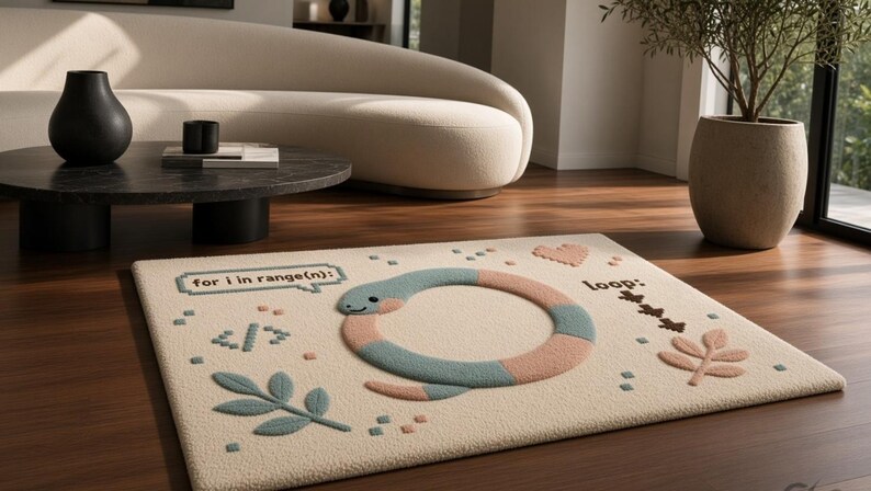 Peut inclure: Un tapis rectangulaire &agrave; base cr&egrave;me pr&eacute;sentant un motif touffet&eacute; d'un serpent rose et bleu enroul&eacute; en cercle. Le tapis inclut le texte "for i in range(n):" et "loop:", ainsi que de petites ic&ocirc;nes de feuilles, de c&oelig;ur et de crochets de code.