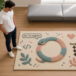 Peut inclure: Un tapis rectangulaire &agrave; fond cr&egrave;me orn&eacute; d'un serpent touffet&eacute; aux segments altern&eacute;s bleu et rose formant un cercle. Le motif comprend des &eacute;l&eacute;ments pix&eacute;lis&eacute;s comme un c&oelig;ur, des feuilles, le texte for i in range(n): et loop:.