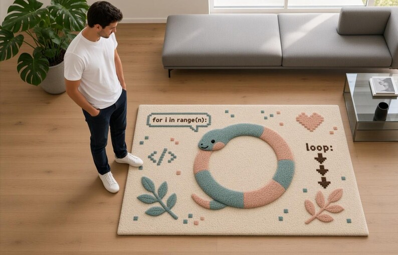 Peut inclure: Un tapis rectangulaire &agrave; fond cr&egrave;me orn&eacute; d'un serpent touffet&eacute; aux segments altern&eacute;s bleu et rose formant un cercle. Le motif comprend des &eacute;l&eacute;ments pix&eacute;lis&eacute;s comme un c&oelig;ur, des feuilles, le texte for i in range(n): et loop:.