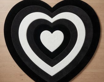 Tapis coeur noir et blanc, tapis esthétique en forme de coeur, tapis de sol moderne et mignon pour chambre à coucher, cadeau de décoration intérieure moquette douce capitonnée