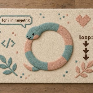 Peut inclure: Un tapis touffet&eacute; rectangulaire &agrave; fond cr&egrave;me repr&eacute;sentant un serpent bleu sarcelle et rose enroul&eacute; en cercle. Le motif inclut le texte "for i in range(n):" et "loop:", un c&oelig;ur pixelis&eacute;, un symbole de code et deux brins de feuilles.