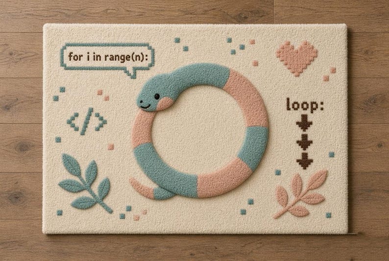 Peut inclure: Un tapis touffet&eacute; rectangulaire &agrave; fond cr&egrave;me repr&eacute;sentant un serpent bleu sarcelle et rose enroul&eacute; en cercle. Le motif inclut le texte "for i in range(n):" et "loop:", un c&oelig;ur pixelis&eacute;, un symbole de code et deux brins de feuilles.