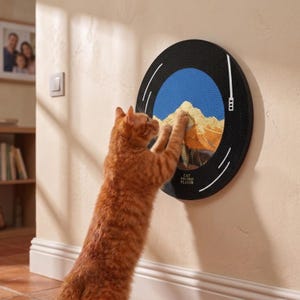 May include: A circular wall-mounted cat scratcher designed to resemble a vinyl record. The centre features a textured mountain landscape in yellow and blue. The black outer ring includes white graphic details and the text CAT RECORD PLAYER.