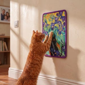 Puede incluir: Un rascador rectangular para gatos montado en la pared con un estampado floral multicolor y una ilustración de un gato negro. La almohadilla tiene un borde de tela morada y está colocada verticalmente sobre una pared de color claro.