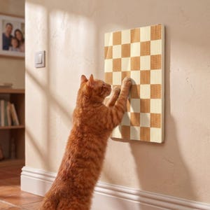 May include: A rectangular wall-mounted cat scratching pad featuring a woven texture with a beige and tan checkered pattern. The scratcher is mounted vertically on a wall, providing a surface for a cat to reach up and scratch with its front paws.