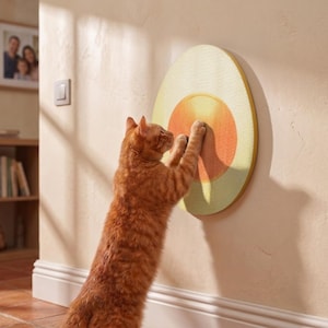 Puede incluir: Un gato atigrado naranja se apoya en sus patas traseras para rascar un rascador ovalado montado en la pared. El rascador presenta un diseño gráfico que se asemeja a un huevo frito, con un borde texturizado de color claro y una yema central naranja.