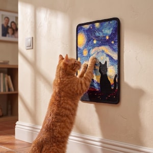 May include: A rectangular wall-mounted cat scratching pad featuring a printed design of a starry night sky with swirling blue and yellow patterns and a black cat silhouette. An orange tabby cat is shown scratching the surface of the pad.