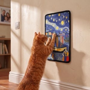 May include: A rectangular wall-mounted cat scratching pad featuring a colourful artistic print of a night scene with a starry sky, boats, and figures. The pad has a thick black border and is mounted vertically on a light-coloured wall surface.