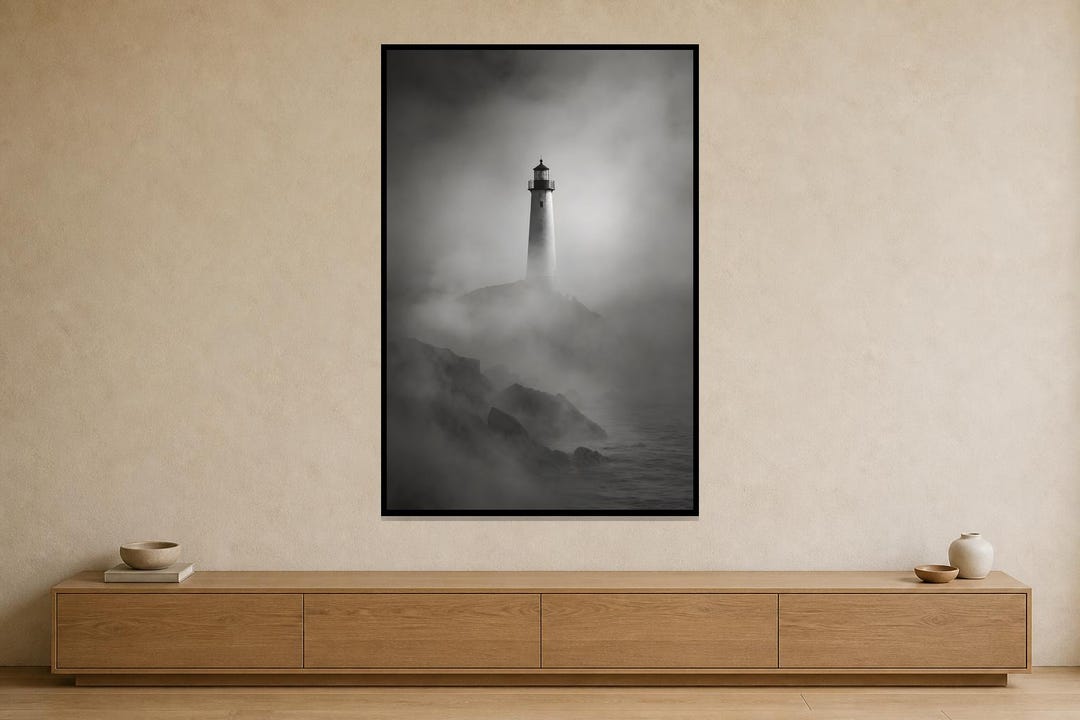 Lone Lighthouse in Sea Mist Black and White Fine Art Photography Print ...