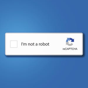 May include: A white rectangular reCAPTCHA widget featuring a square checkbox on the left, the text I'm not a robot in the center, and a blue and gray circular arrow icon with the text reCAPTCHA on the right side against a blue background.