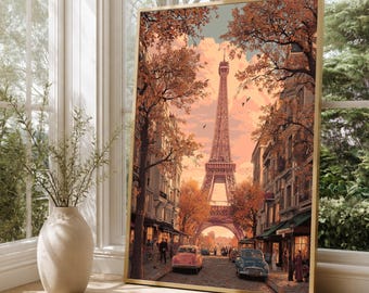 May include: A framed art print depicting a Parisian street scene with the Eiffel Tower in the distance. The artwork features warm tones of orange, brown, and pink, with classic cars and autumn trees lining the cobblestone street. The print is displayed near a window.