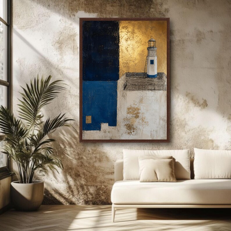Abstract Nautical Graphics Minimalist Lighthouse Canvas Wall Art, Blue and Gold Abstract, Coastal ...